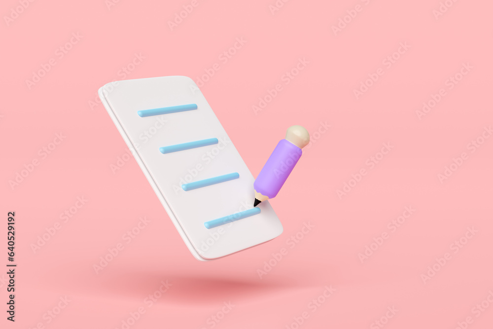 3d paper with pencil for studying isolated on pink background. back to school, education, writing concept, 3d render illustration