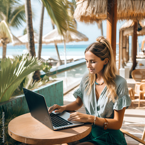 Happy young woman using laptop in cafe on tropical beach during summer vacation holiday, portrait of beautiful business woman working at tropical beach cafe, Freelance work