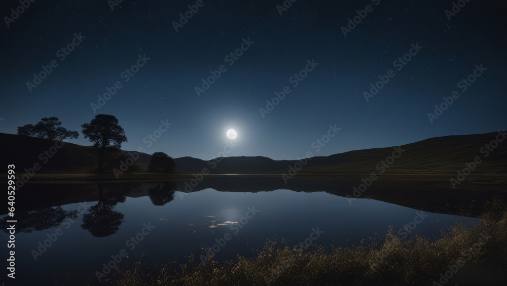 Night landscape with moon and stars reflected in the water of a lake Night landscape with moon and stars reflected in the water of a lake