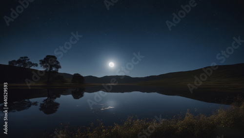 Night landscape with moon and stars reflected in the water of a lake