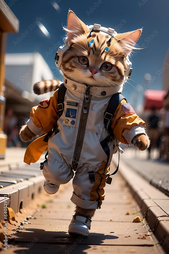StableDiffusion을 이용한 가상의 catWORLD에 살고 있는 우주복을 입고 있는 귀여운 cat Man. Generative AI.