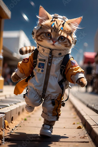 StableDiffusion을 이용한 가상의 catWORLD에 살고 있는 우주복을 입고 있는 귀여운 cat Man. Generative AI.