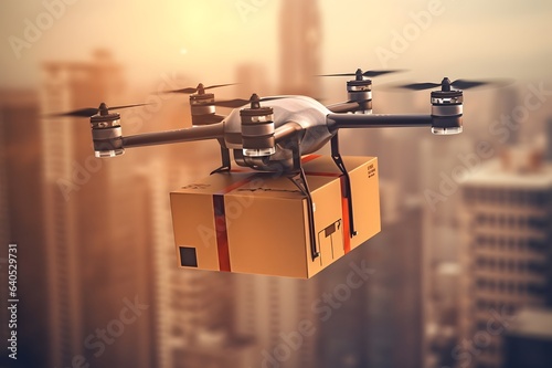 Drone delivering a parcel into urban city