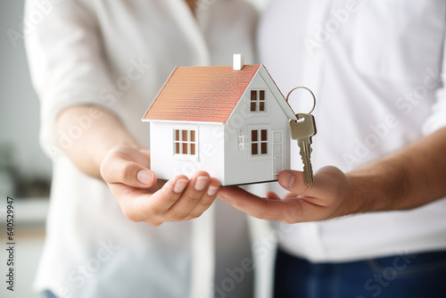 Couple Holding House Miniature and House Keys New Home AI Generated