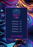 Illustration of boom box with party time, date, venue, dj and timings text on abstract background