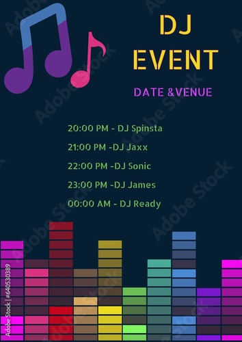 Illustration of musical notes with dj event, date and venue, timings and dj names, copy space