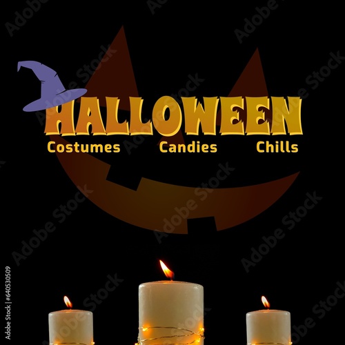 Composite of halloween, costume, candies, chills text with witch's hat and candles, copy space