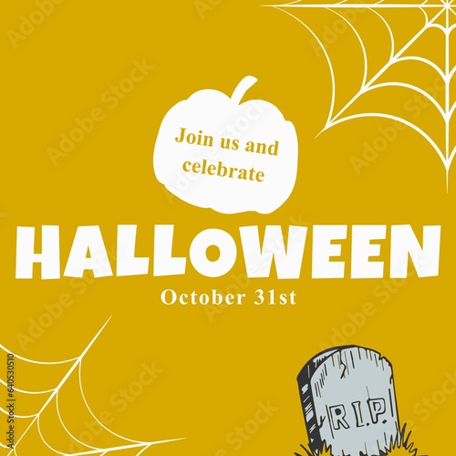 Illustration of jack o lantern, rest in peace tombstone, spiderweb and halloween, october 31st text