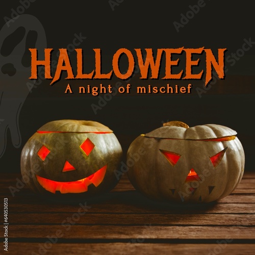 Composite of jack o lanterns on table and halloween, a night of mischief text, copy space