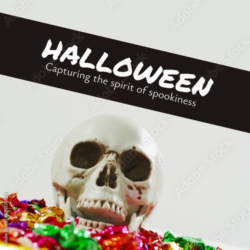 Composite of human skull and candies and halloween, capturing the spirit of spookiness, copy space