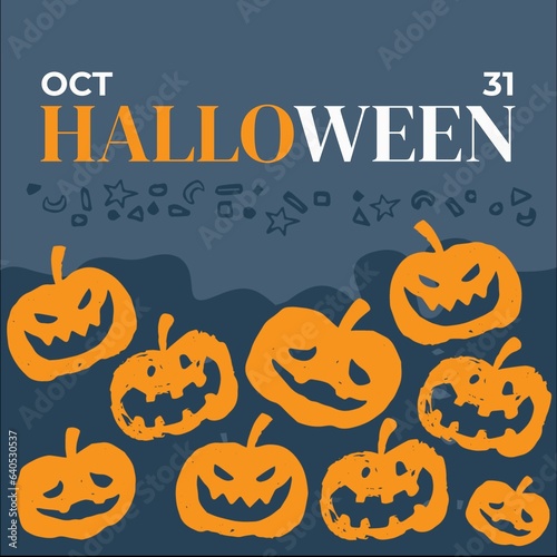 Illustration of oct 31 and halloween text with jack o lanterns on blue background, copy space