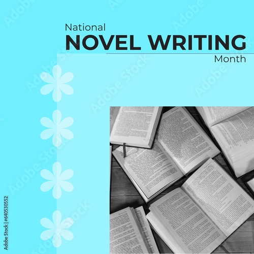 Composite of books on table and national novel writing month text on blue background, copy space