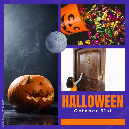 Halloween and october 31st text, jack o lantern, candies, african american girl knocking on door
