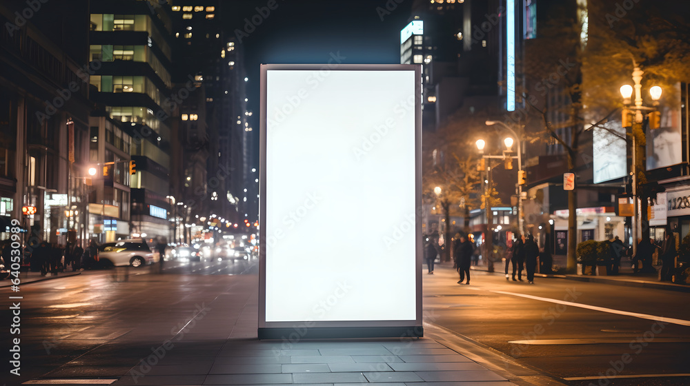 Empty vertical white blank street billboard at night, Vertical blank glowing signboard on roadside in city at night, Promotional poster mock up - obrazy, fototapety, plakaty 