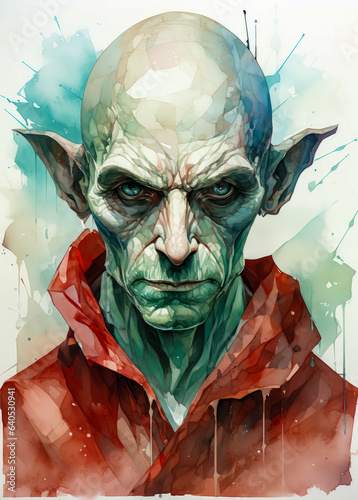 a watercolor painting of goblin with pointy ears wearing red garment