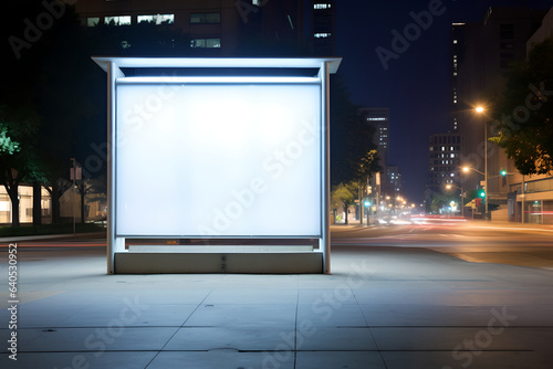 Empty white blank street billboard at night, Rectangle blank glowing billboard at city street at night, Promotional poster mock up