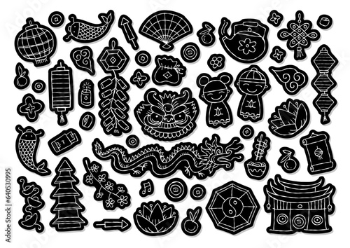 Chinese new year Holiday sticker pack. Icons set. Traditional design elements...