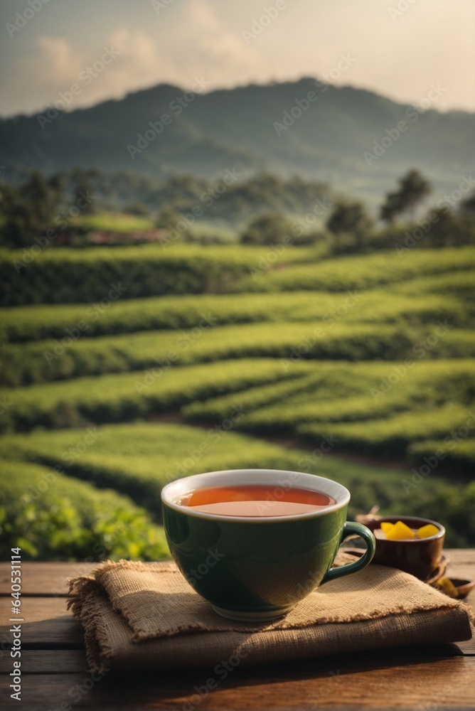 A cup of tea on the wooden table with tea plantation background.