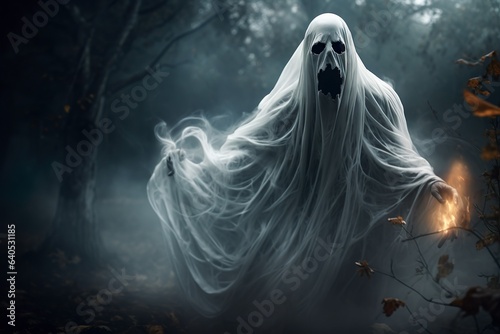 A ghost in a dark forest spooky character posing 