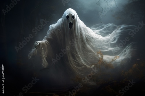 A ghost in a dark forest spooky character posing 