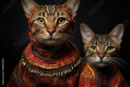 whimsical image of anthropomorphic cat wearing tribal clothing, Humour, cats family wearing tribal clothing, Generative AI