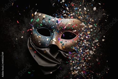 carnival mask for the holidays in brazil and latin america, black background defocused lights