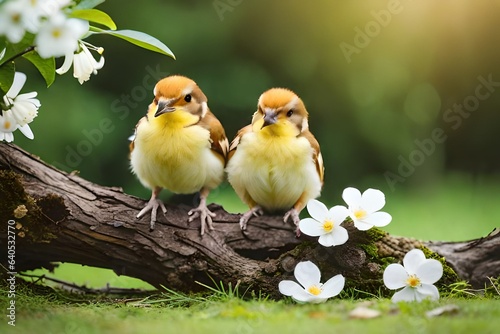little funny bird and bird chick sit among the branches of an apple tree with white flowers in a sunny spring garden