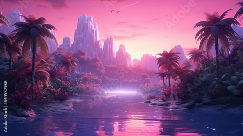 A 3D render capturing a vibrant tropical forest landscape, where a mesmerizing pink waterfall cascades gently, standing out against the lush greenery