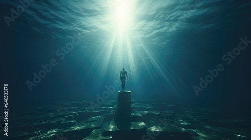 A 3D render diving deep into an underwater landscape, where a monumental giant statue looms, guarded by swaying aquatic plants and schools of fish