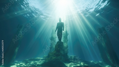 A 3D render diving deep into an underwater landscape, where a monumental giant statue looms, guarded by swaying aquatic plants and schools of fish © Mahenz