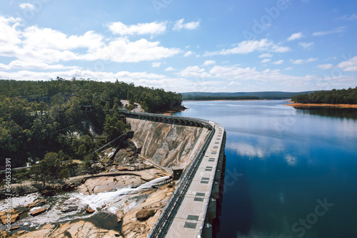 Aerial view across Wellington Dam with the newly opened dam walk across the dam wall. 