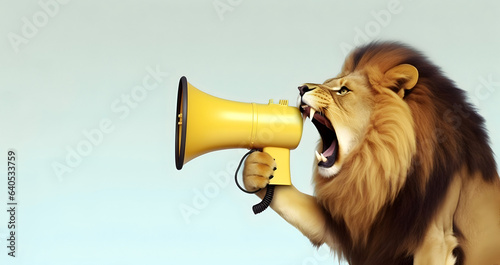 Lion announcing using hand speaker. Notifying, warning, announcement