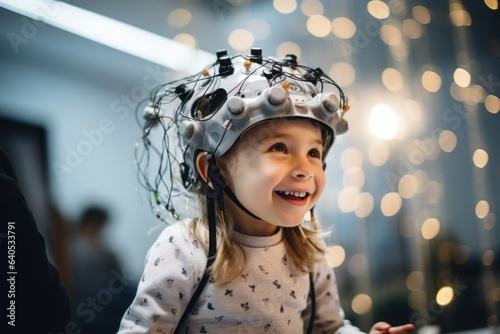 Cute little girl wearing a virtual reality helmet on her head. photo