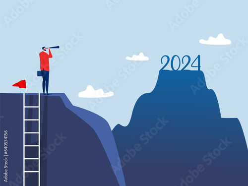 Business goals; Businessman looking binoculars on top of the mountain for looking to another next 2024 years Concept of investment Vector illustration