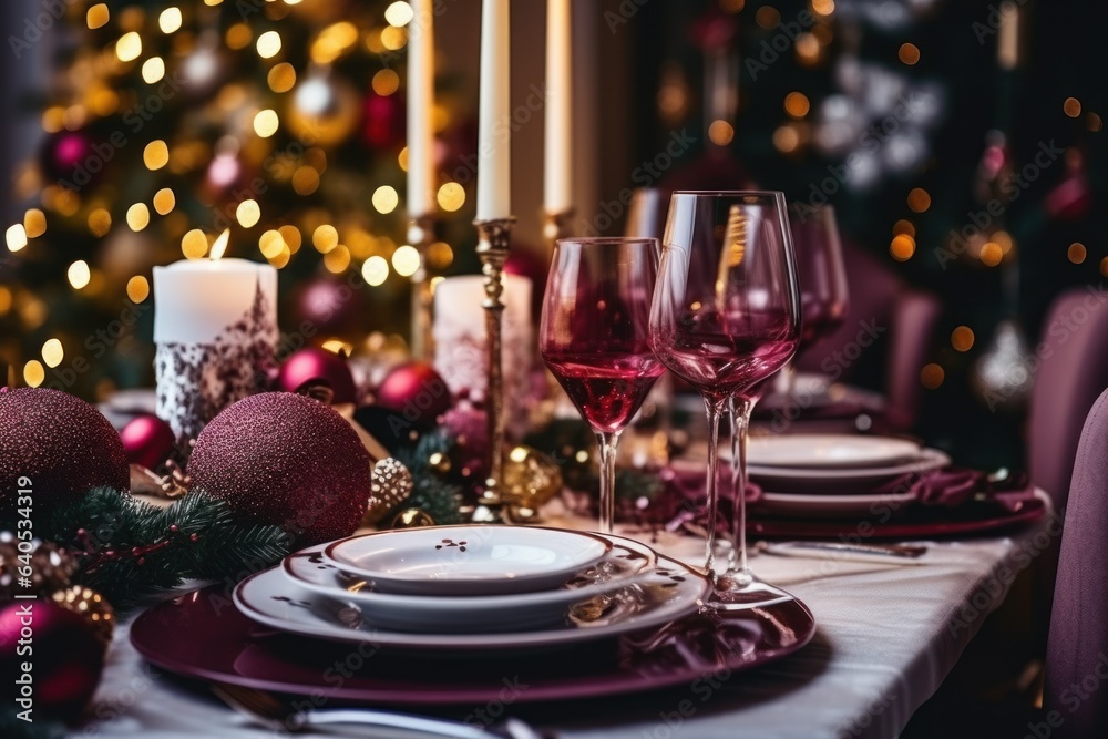 Christmas table decoration in burgundy and purple colors