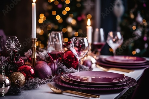 Christmas table decoration in burgundy and purple colors