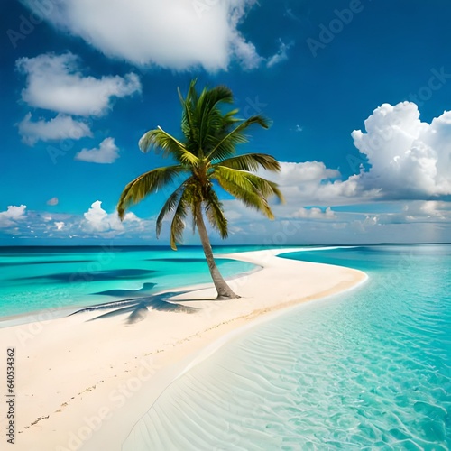 Beautiful tropical beach with white sand, turquoise ocean on background blue sky with clouds on sunny summer day.AI generated