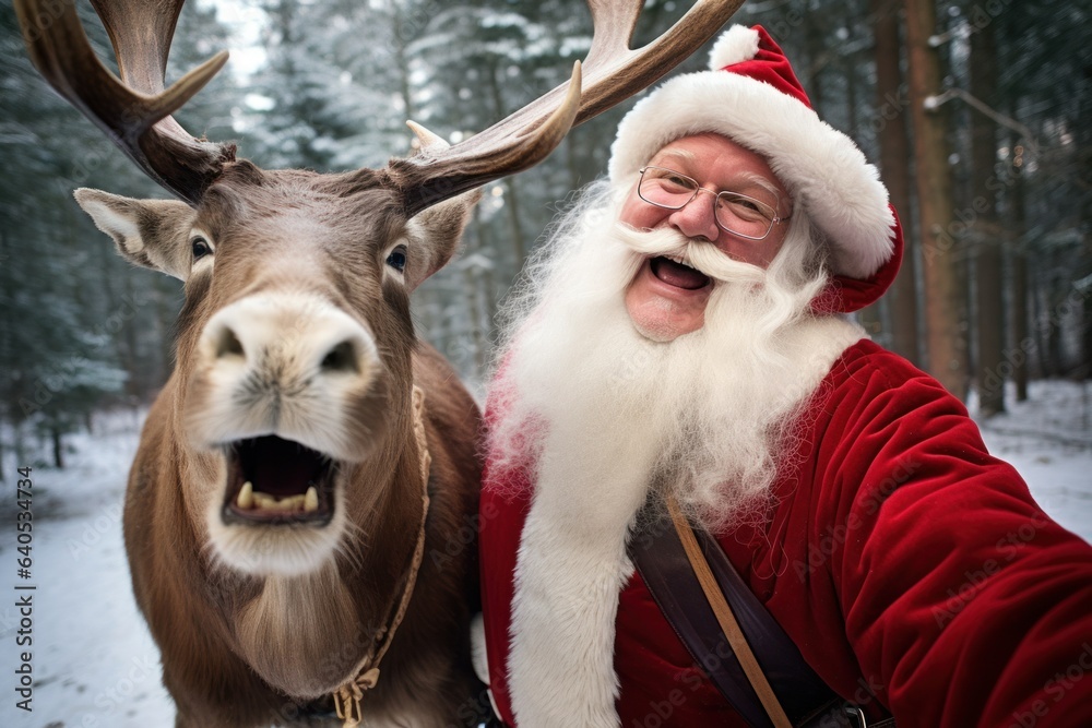 happy santa taking selfie with christmas deer happy santa taking selfie with christmas deer
