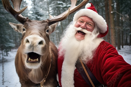 happy santa taking selfie with christmas deer