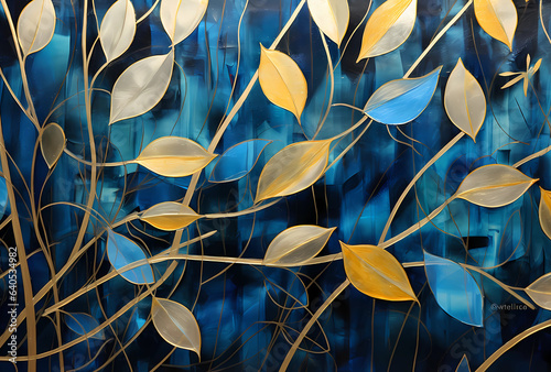 contemporary abstract painting with gold and white leaves, in the style of detailed background elements, dark silver and light