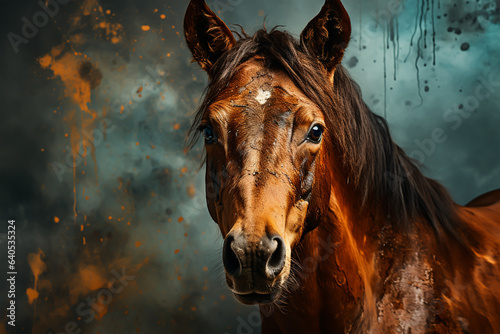 Beautiful horse portrait on a dark background. Generative ai