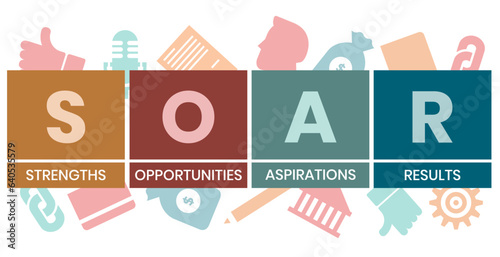 SOAR - strengths, opportunities, aspirations, results. business concept background. vector illustration concept with keywords and icons. lettering illustration with icons for web banner, flyer