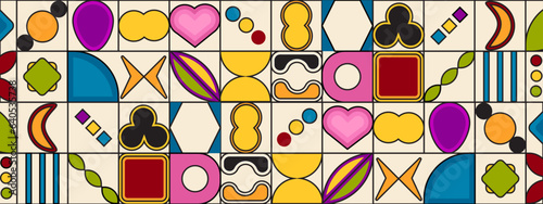 Grid with colored geometric shapes. Modern abstract promotional flyer, background, brochure, pattern.