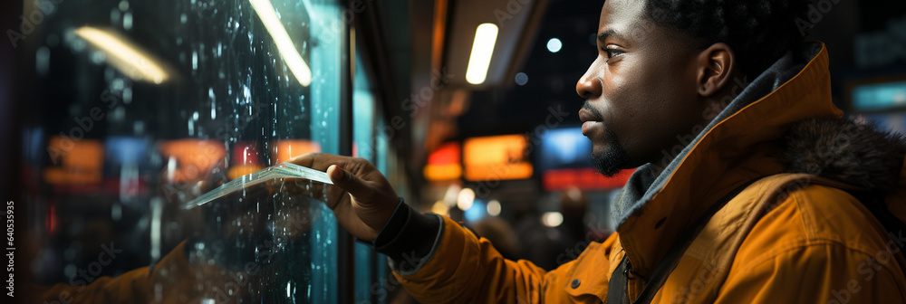 Business Mann bei dem Bioscanner zum Einloggen mit Gesichts und Fingertouch im Querformat als Banner, ai generativ Business Mann bei dem Bioscanner zum Einloggen mit Gesichts und Fingertouch im Querformat als Banner, ai generativ