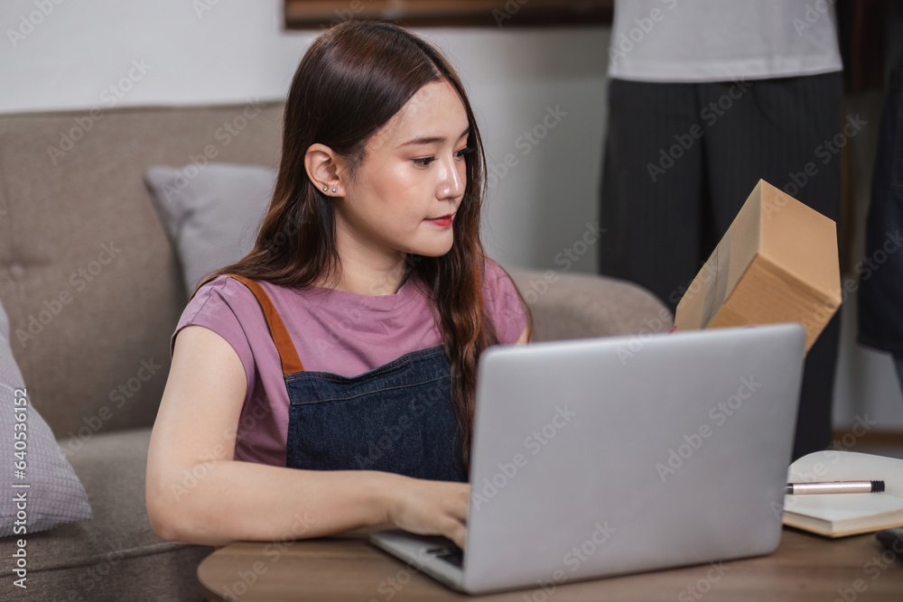 Young woman selling products online checking product information being delivered to customers. Young woman selling products online checking product information being delivered to customers.