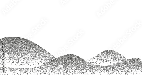 Dotwork hills grain pattern. Grainy mountain with dotted noise and grunge texture. Landscape and terrain in dotwork style. Stippled gradient mountains. Noisy stochastic background Pointillism texture
