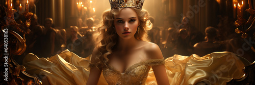 Blondes Hübsches Model im Fashion Queen Look Gold mit schönen Hintergund und hellen Gegenlicht im Querformat für Banner, ai generativ