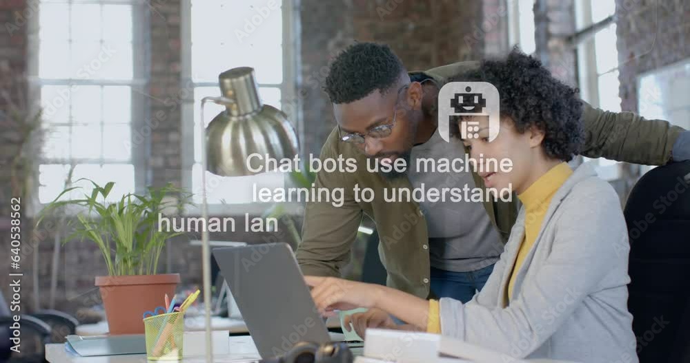 Animation of ai chat over diverse colleagues working in office