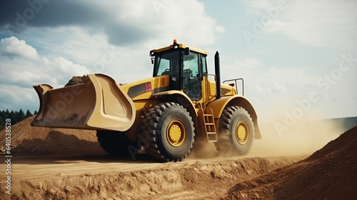powerful yellow bulldozer crumbles sand at construction site.