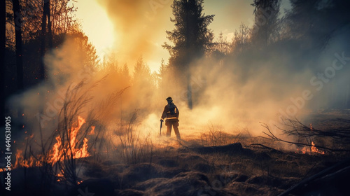 Firemans wearing firefighter turnouts and helmet. Dark background with smoke and blue light.